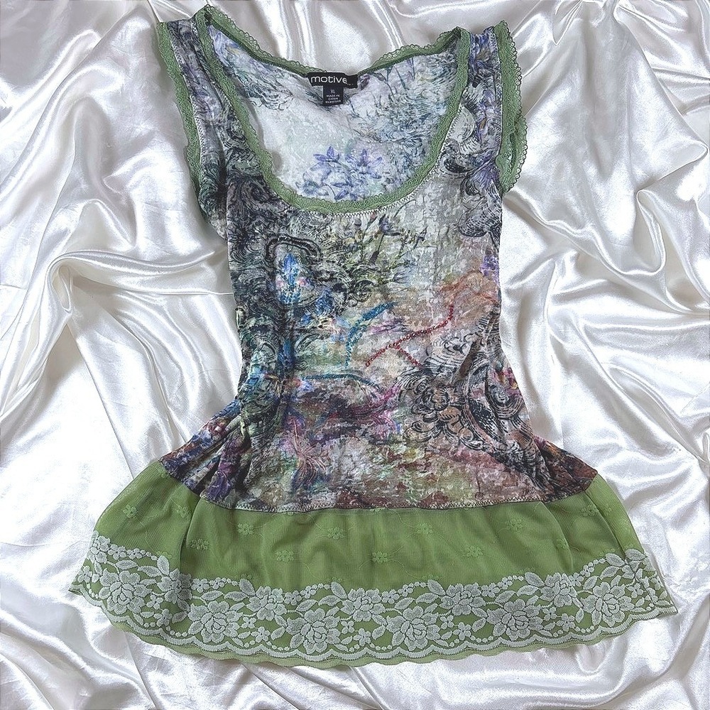 y2k Motive Tank Top Green Excellent Fairycore Lace Trim Beaded Mesh Hem XL